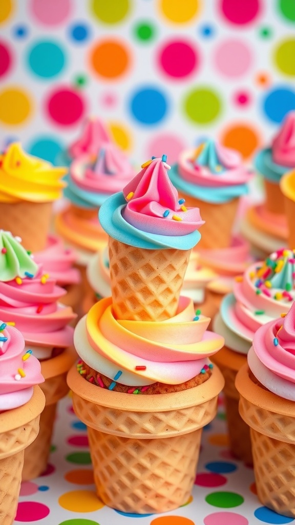 Ice cream cone cupcakes with colorful frosting and sprinkles on a bright background.